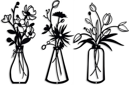 Set of 3 Black Metal Flower Wall Decor - Minimalist Rustic Vases for Home Aesthetics in Living Room, Dining Room, Kitchen, Bedroom, and Bathroom