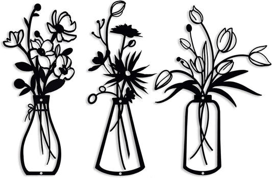 Set of 3 Black Metal Flower Wall Decor - Minimalist Rustic Vases for Home Aesthetics in Living Room, Dining Room, Kitchen, Bedroom, and Bathroom