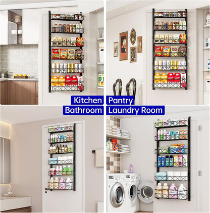 over the Door Organizer, Black 6-Tier Pantry Door Organizer with Adjustable Basket, Hanging Spice Rack Cabinet Door Shelves, Laundry Room Organization and Storage