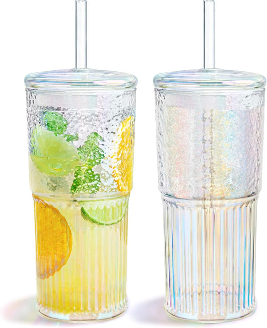 20Oz Glass Cups with Lids and Straws, 2 Pack High Borosilicate Iced Coffee Cups Drinking Glasses Tumbler for Smoothie, Water, Tea, Juice Drinks, Rainbow