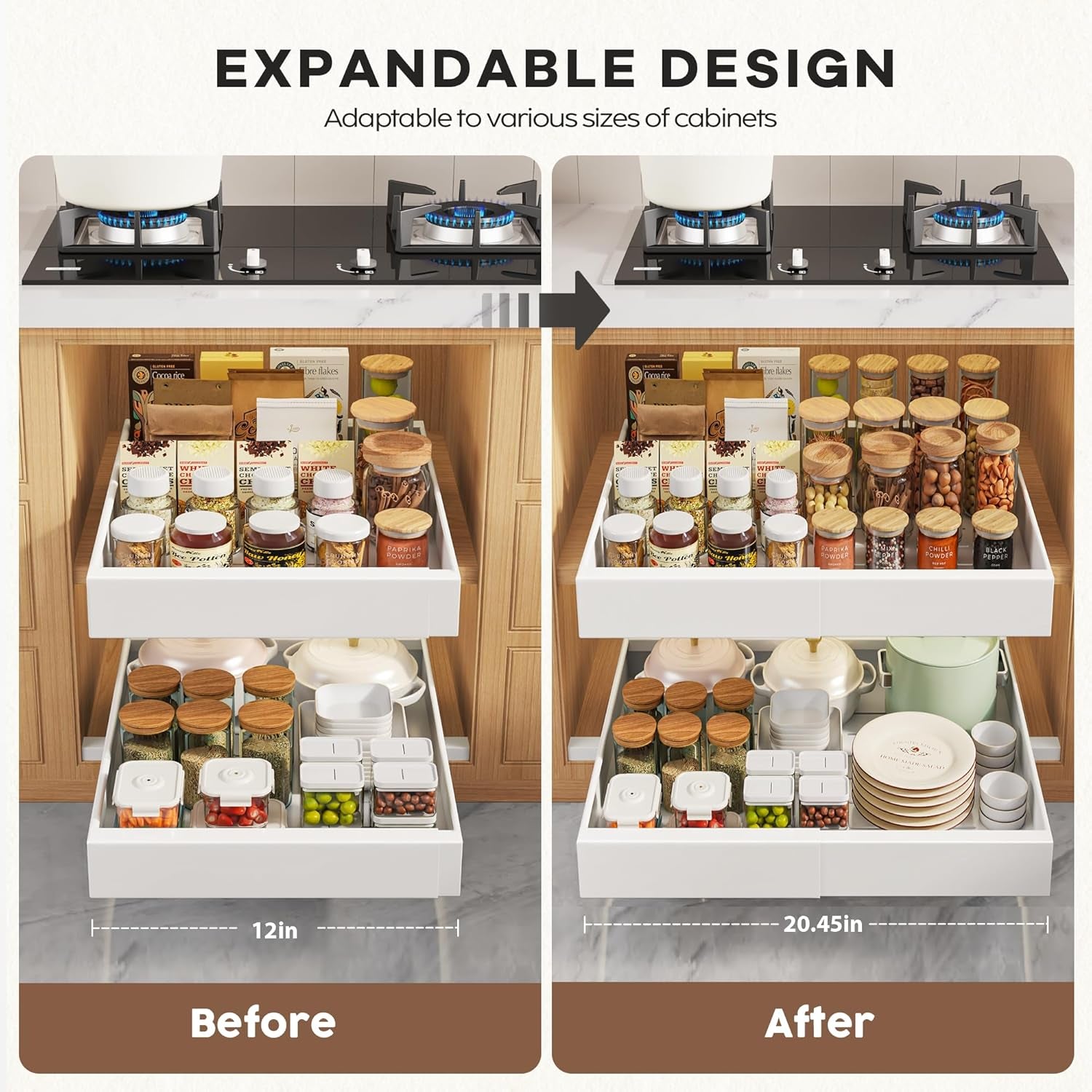 2-Pack 21" Deep Pull-Out Cabinet Organizers with Raising Pad for Framed Cabinets, Expandable Slide-Out Drawers with 3 Slide Rails, Adhesive Roll-Out Shelves, Adjustable Width 12"-20.45", White