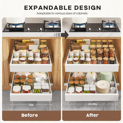 2-Pack 21" Deep Pull-Out Cabinet Organizers with Raising Pad for Framed Cabinets, Expandable Slide-Out Drawers with 3 Slide Rails, Adhesive Roll-Out Shelves, Adjustable Width 12"-20.45", White