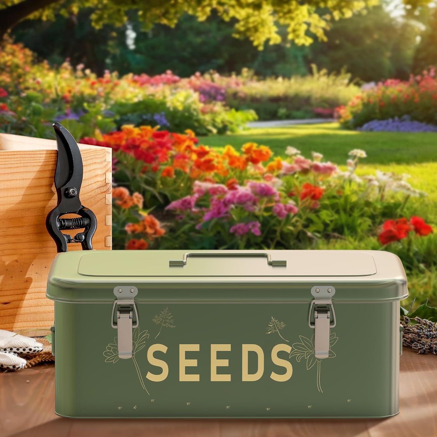 Metal Seed Storage Organizer with Lid, Includes 30 Plant Labels, 30 Seed Envelopes, and Marker Pen, Four-Compartment Design with Safety Locks, Blackish Green