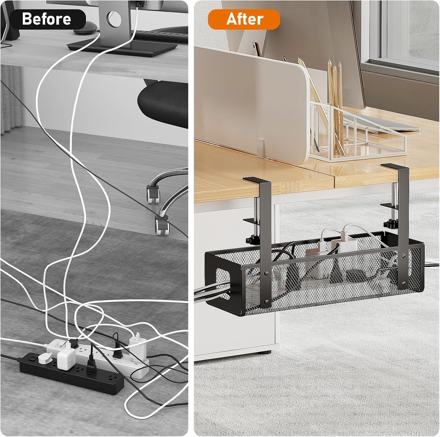 under Desk Cable Management Tray - Cable Management Tray No Drill with F-Clamp Design, Metal Mesh Cord Organizer, Sturdy Wire Organizers for Cords for Home Office Standing Desk, Black