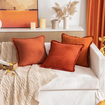 Throw Pillow Covers Fall Boho Farmhouse 18X18 Set of 2 Decorative Burnt Orange Couch with Fringe Chic Cotton Pillowcases Home Decor Accents for Cushion Soft Bed Living Room