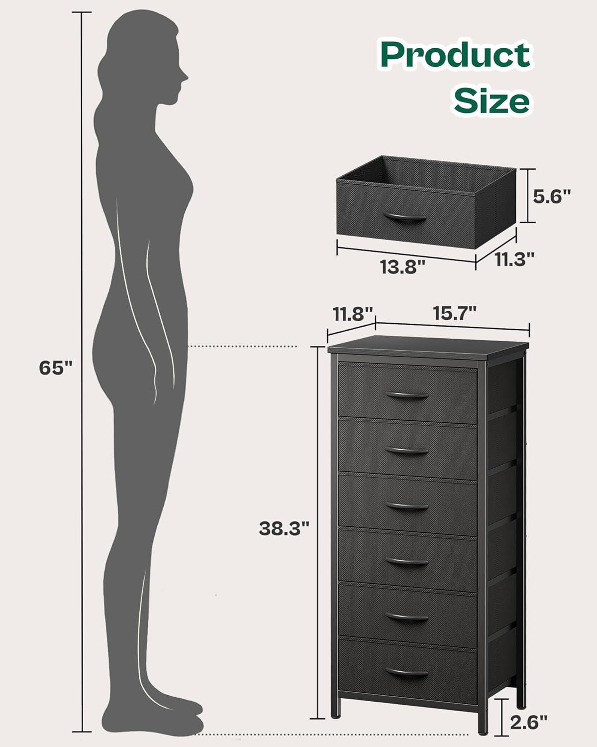 Tall Fabric Dresser with 6 Drawers and Metal Frame, Versatile Storage Solution for Bedroom, Closet, and Nightstand, Black