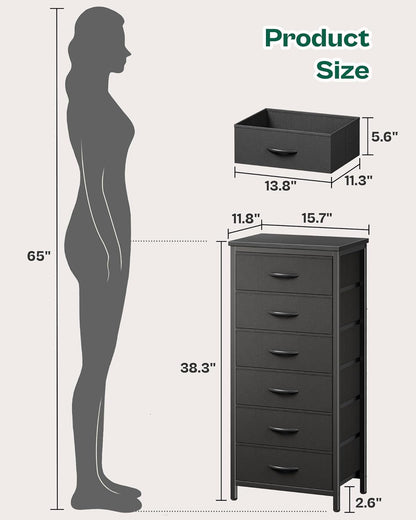 Tall Fabric Dresser with 6 Drawers and Metal Frame, Versatile Storage Solution for Bedroom, Closet, and Nightstand, Black