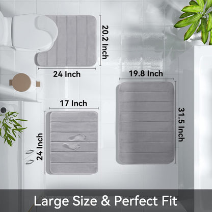 Memory Foam Bath Mat Set 3 Pieces- Super Soft Absorbent Quick Dry Bathroom Rug Sets, Machine Washable Non Slip Floor Carpet for Tub Shower, Vanity & Toilet Base, Gray