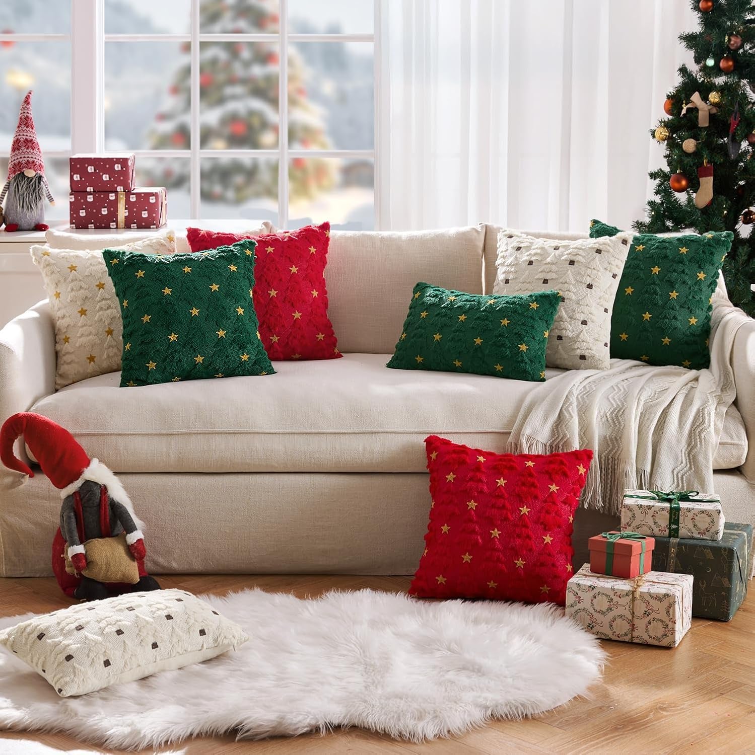 Christmas Pillow Covers 18X18 Inch Set of 2, Red Christmas Tree Plush Faux Fur Pillowcases Soft Decorative Throw Pillow Cases for Couch Sofa Living Room Winter Xmas Holiday Home Decor