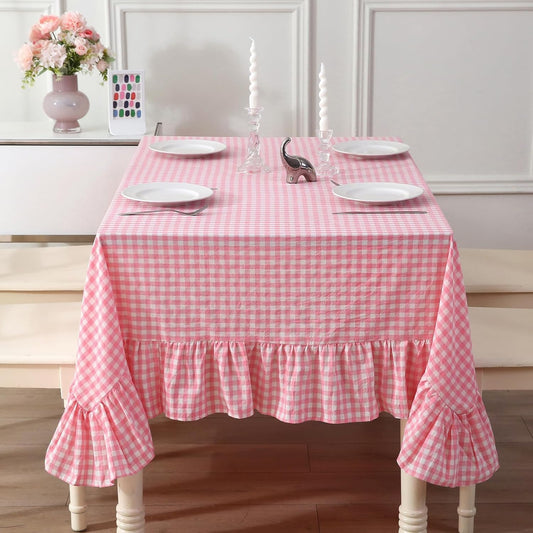 Cotton Coral Pink and White Plaid Ruffled Rectangular Tablecloth, 120 x 60 Inches, Vintage Cottage Gingham Design