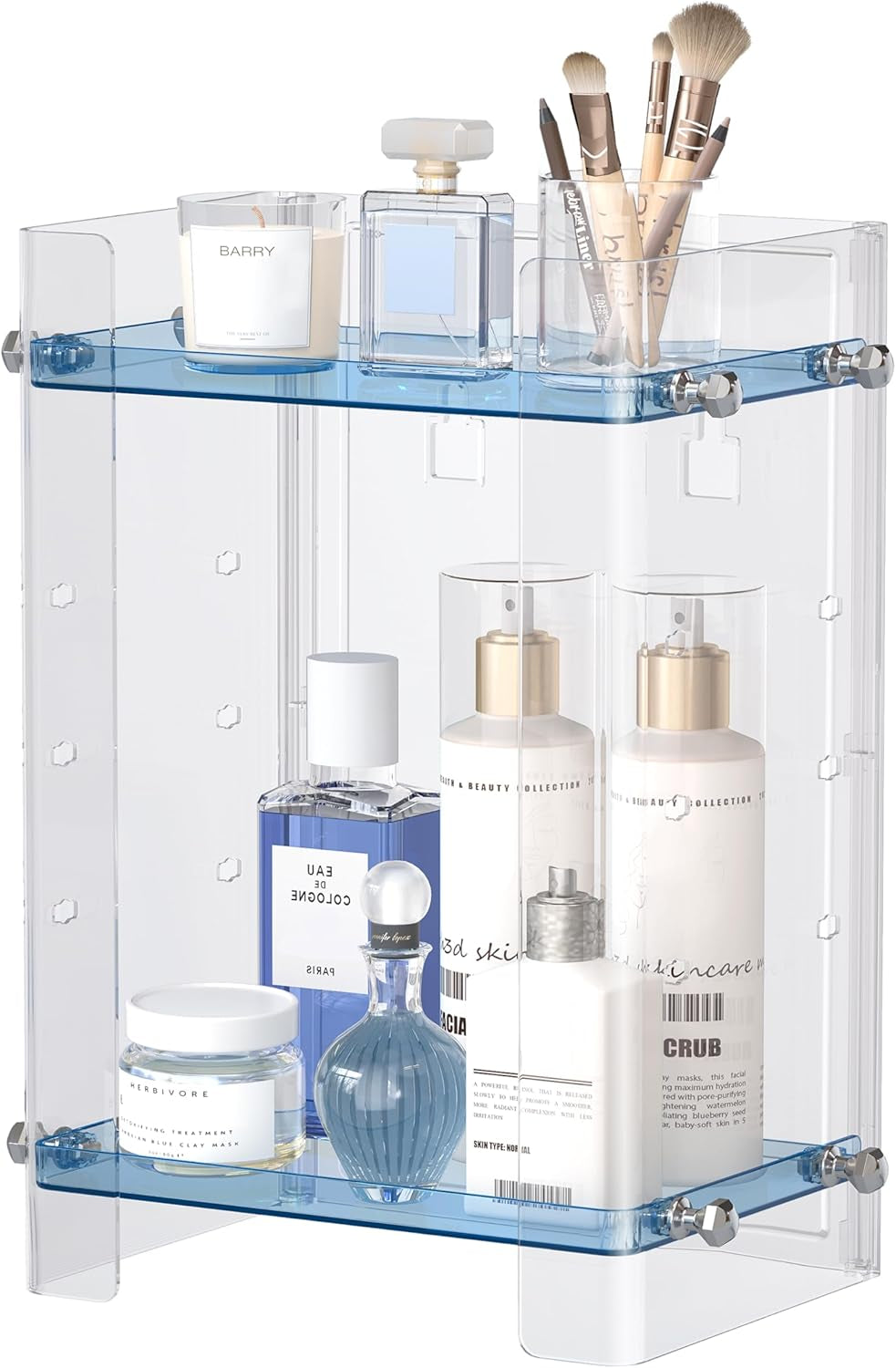 Bathroom Countertop Organizer, 2 Tier Adjustable Corner Makeup & Skincare Organizer with Protective Guard Rail, Transparent Design for Vanity, Bathroom Counter, Ideal for Girls