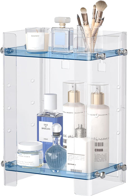 Bathroom Countertop Organizer, 2 Tier Adjustable Corner Makeup & Skincare Organizer with Protective Guard Rail, Transparent Design for Vanity, Bathroom Counter, Ideal for Girls