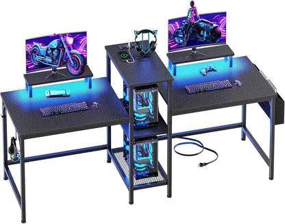 2 Person Gaming Desk with LED Lights, 71 Inch Computer Desk with Power Outlets and Monitor Stand, Double Desk with Storage Bag and Headphone Hooks, Study Writing Table for Home Office, Black