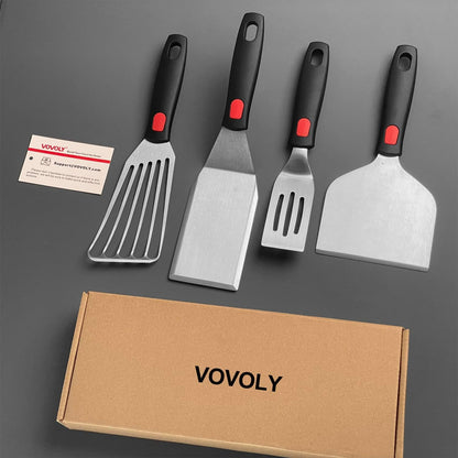 Stainless Steel Spatula Set with Heat Resistant Silicone Handle,  Metal Spatulas for Kitchen Use, Thickened Smash Burger Spatula, Mini Brownie Spatula, Fish Flipper, Grill Scraper
