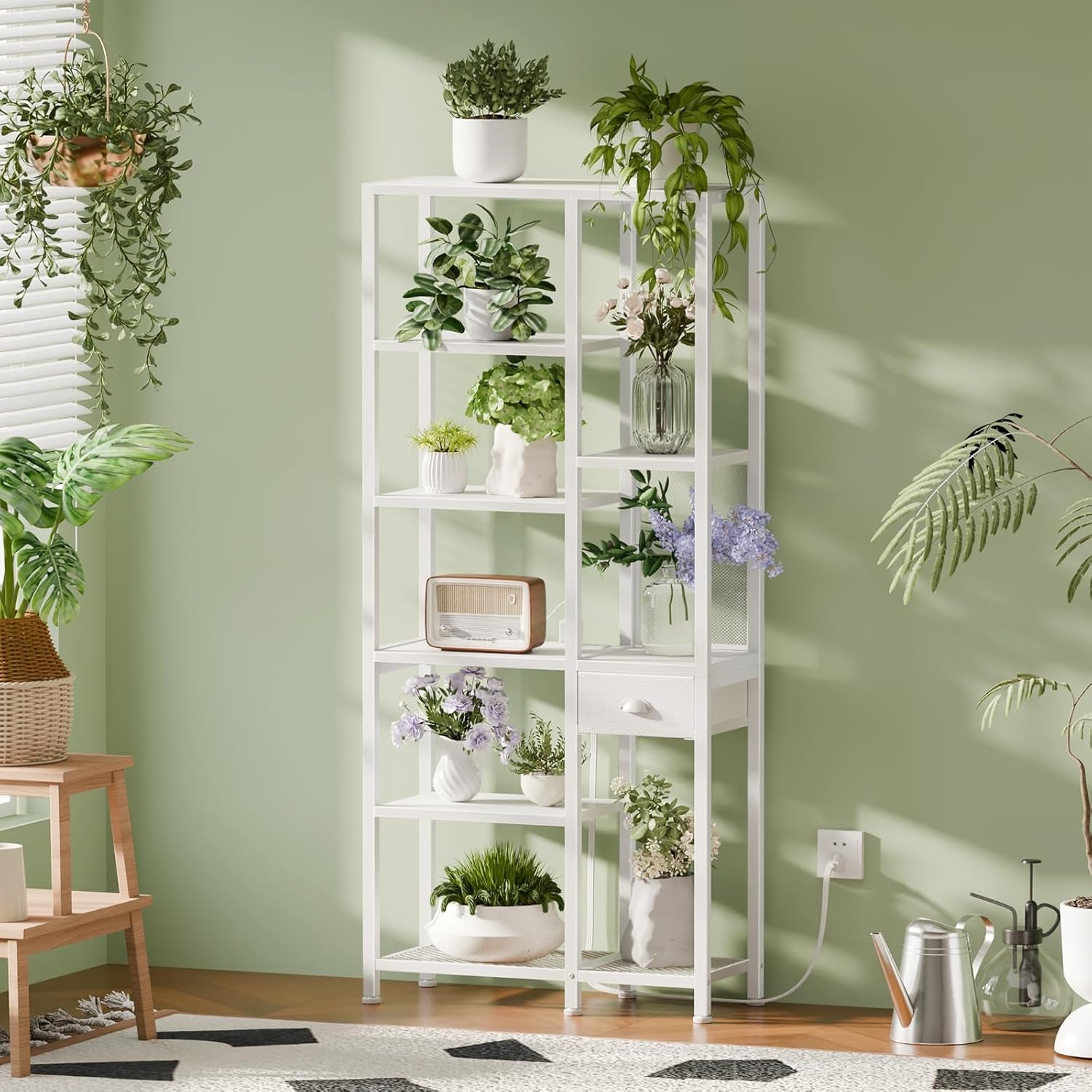 6-Tier Bookshelf with Charging Station, Double Display Shelf with Drawer, Tall Freestanding Bookcase, Metal Open Book Shelf for Living Room, Bedroom, Home Office, White