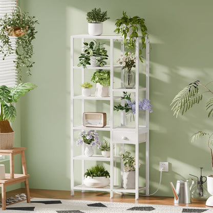 6-Tier Bookshelf with Charging Station, Double Display Shelf with Drawer, Tall Freestanding Bookcase, Metal Open Book Shelf for Living Room, Bedroom, Home Office, White