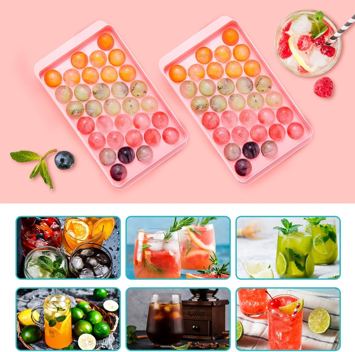 2 Pack Ice Cube Trays for Freezer, Ice Ball Maker Mold Mini Circle round Ice Cube Mold with Lid 1.2In X 66PCS for Cocktail Whiskey Tea Coffee