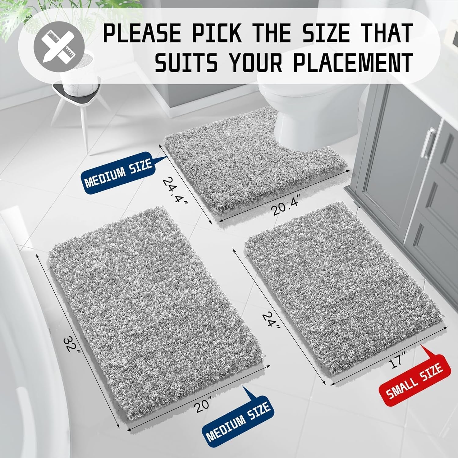 Fluffy Bath Rug Set,Shaggy Soft Non Slip Bathroom Rugs, Machine Washable,Thick Bathroom Floor Rugs for Shower Bath Mat,Water Absorbent, 24X17+32X20 Inches, Light Gray and White