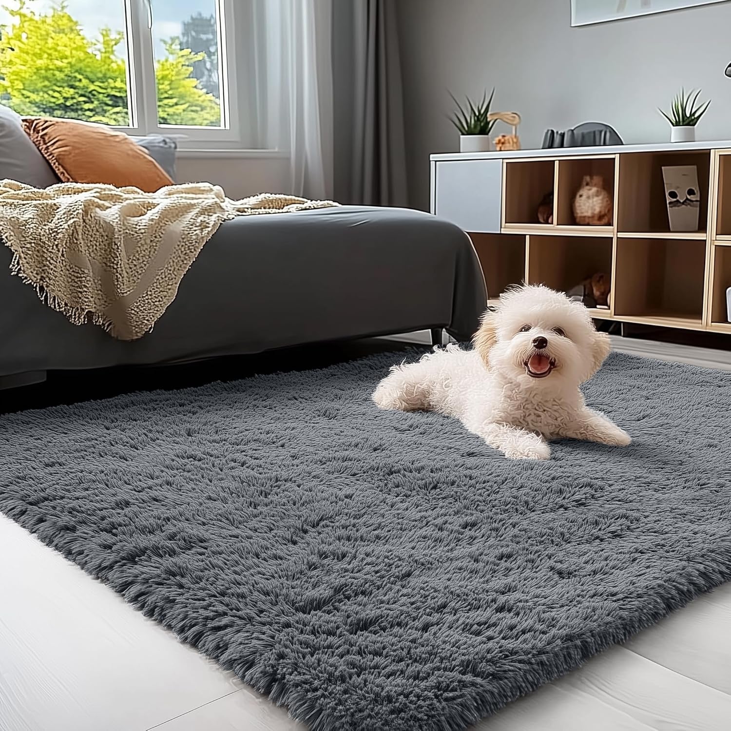 Area Rugs for Living Room Bedroom, Machine Washable 4X5.9 Ft Soft Fluffy Shaggy Bedside Rug, Indoor Floor Carpet for Kids Girls and Boys, Dorms, Nursery Rooms, Home Decor Aesthetic, Grey