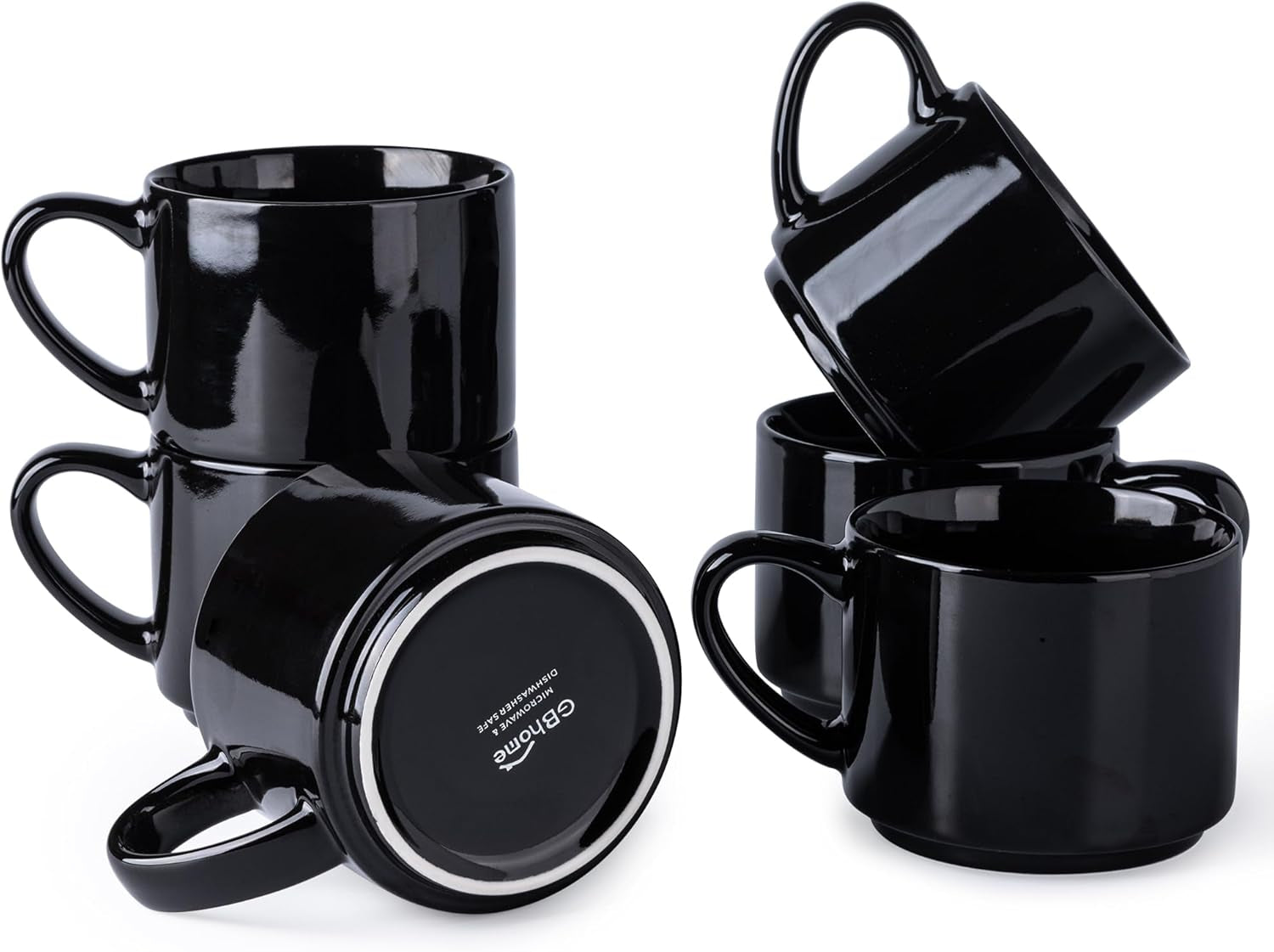 14 oz Stackable Ceramic Coffee Mug Set of 6 - Modern Black Cups for Latte, Tea, and Cappuccino, Dishwasher and Microwave Safe