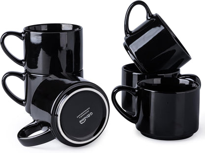 14 oz Stackable Ceramic Coffee Mug Set of 6 - Modern Black Cups for Latte, Tea, and Cappuccino, Dishwasher and Microwave Safe