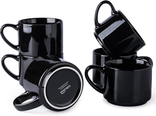14 oz Stackable Ceramic Coffee Mug Set of 6 - Modern Black Cups for Latte, Tea, and Cappuccino, Dishwasher and Microwave Safe