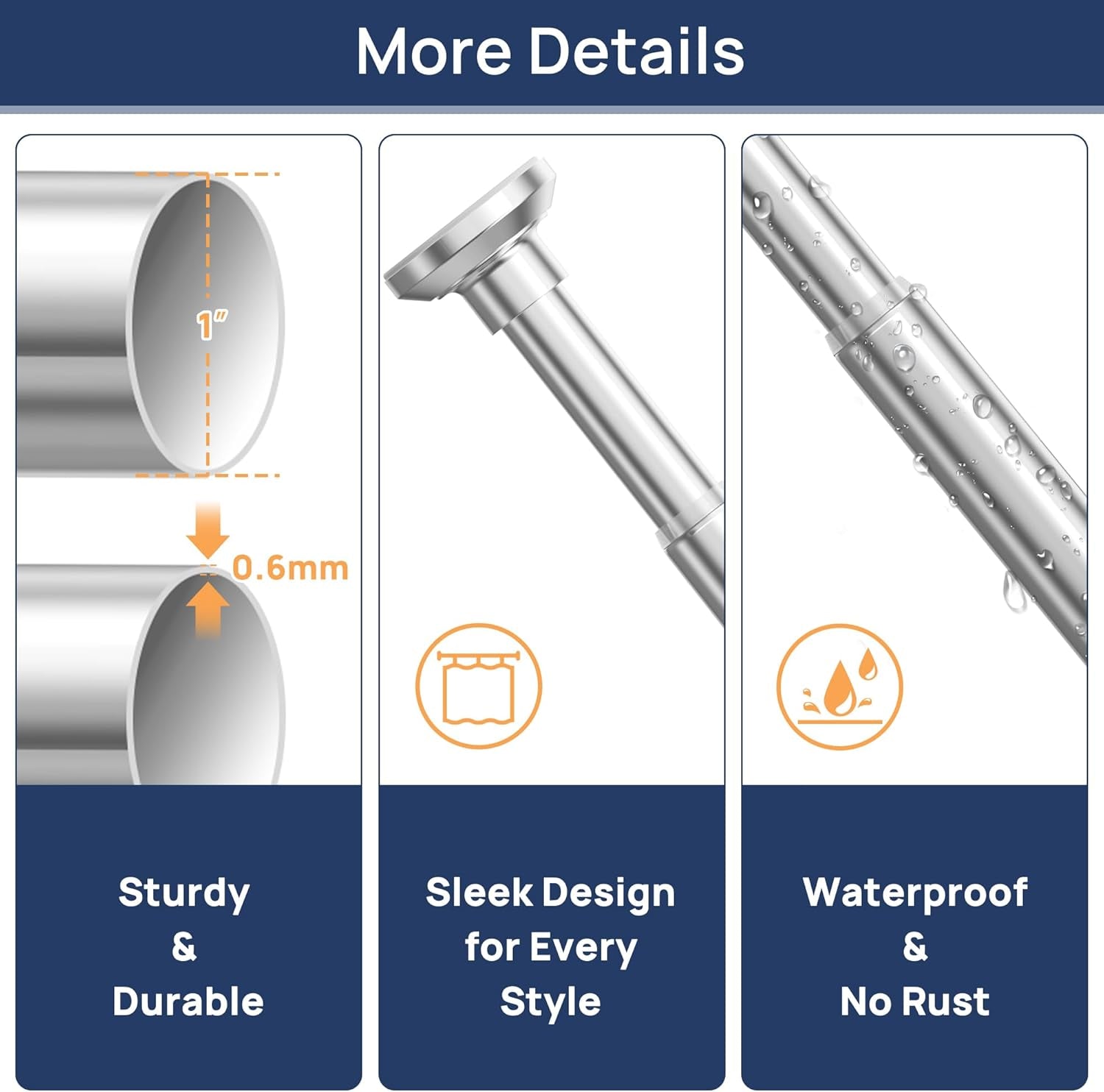 Shower Curtain Rod 33 to 72 Inches, 1 Inch Stainless Steel Adjustable Spring Tension Rods No Drill for Bathroom, Closet, Window, Room Divider, Never Rust, Non Slip, Chrome
