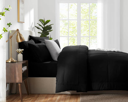 Queen Comforter Set Black 7 Pieces Bed in a Bag Black Premium Comforters Queen Size Bed Set Bedding Sets Queen with All Season Stitch Quilted Comforter, Flat Sheet, Fitted Sheet, Pillowcases