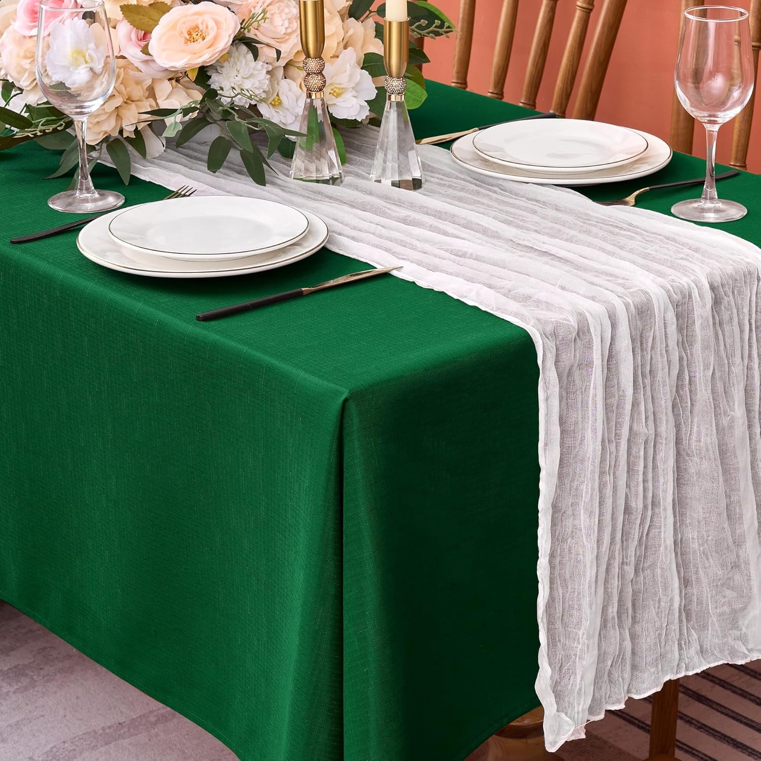 Faux Linen Tablecloths 60 x 84 Inches - Set of 2 Hunter Green Rectangular Table Covers for Parties, Banquets, Kitchen Dining, and Farmhouse Decor