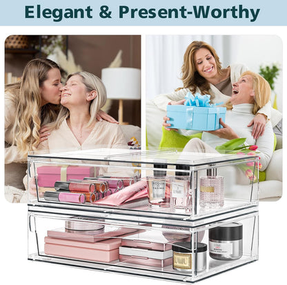 Acrylic Stackable Storage Drawers, 3.5'' Non-Slip Bathroom Makeup Organizer Countertop, Clear Drawer Organizers for Vanity, Bathroom, Office, Undersink, Kitchen, Pantry, Cabinet, 2 Pack