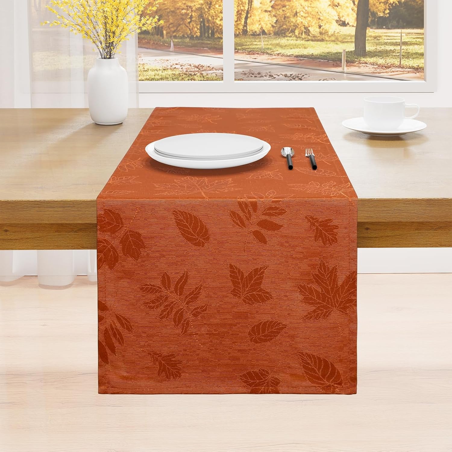 Fall Table Runner - 13X72 Inch Autumn Leaves Damask for Harvest Parties and Thanksgiving Dinner, Rust