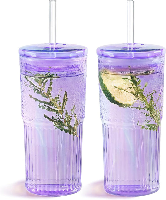 20Oz Glass Cups with Lids and Straws, 2 Pack High Borosilicate Iced Coffee Cups Drinking Glasses Tumbler for Smoothie, Water, Tea, Juice Drinks, Violet Purple