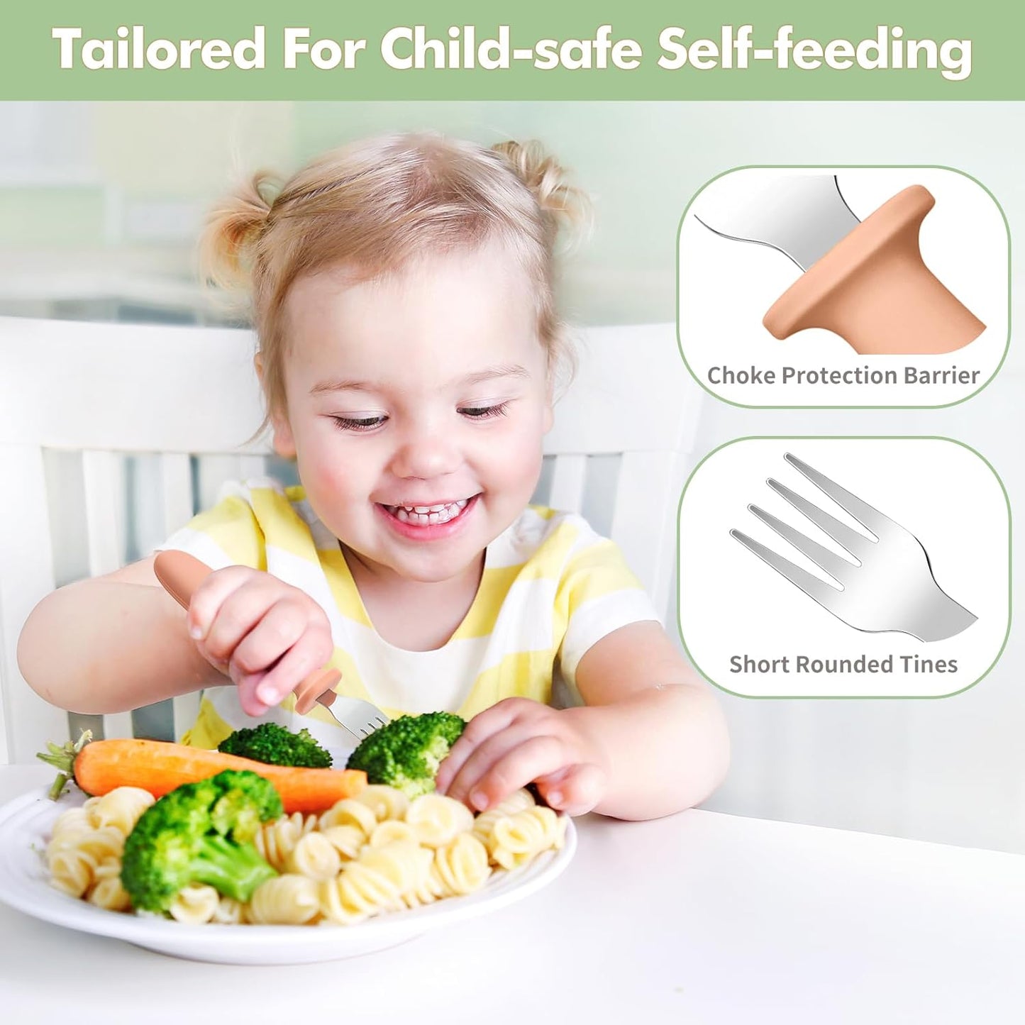 Toddler Forks Set - 8-Piece Baby Silverware with Silicone Handles, 18/8 Stainless Steel, Safe for Self-Feeding, Anti-Choke Design, Food Grade and Dishwasher Safe