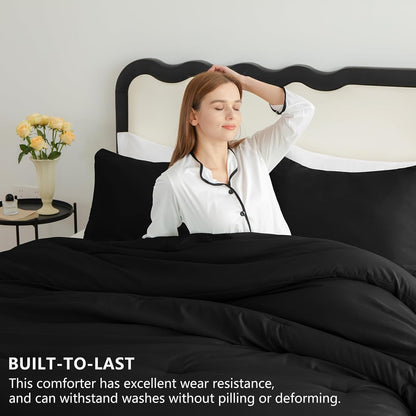 Queen Comforter Set Black, 3 Pieces Solid Queen Comforter Breathable Quilted Style Bedding Sets, Luxury Soft Microfiber down Alternative Comforter for All Season (1 Comforter & 2 Pillowcases)