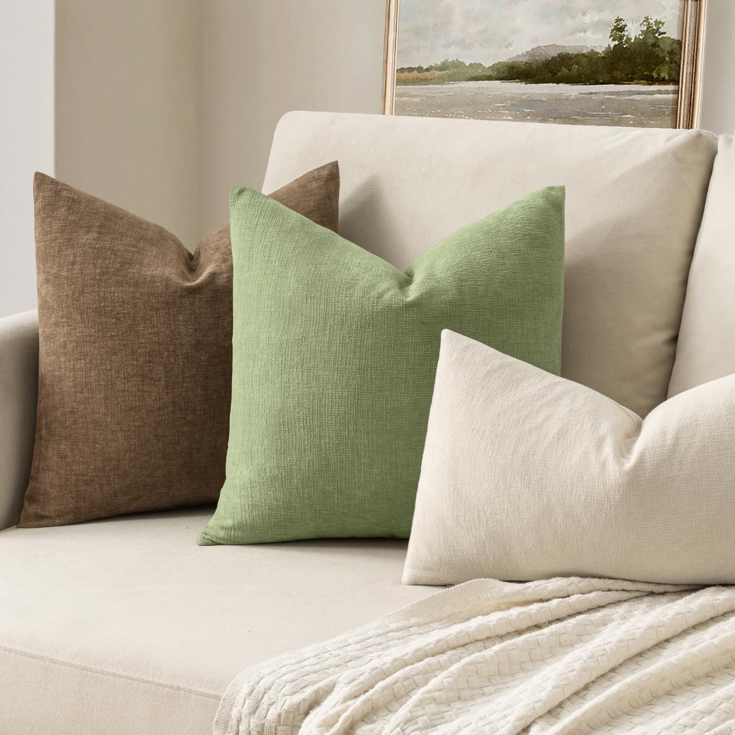 Sage Green Couch Pillow Covers 18X18 Inch, Set of 2 Soft Spring Chenille Decorative Square Throw Pillow Covers Farmhouse for Sofa Living Room Bed