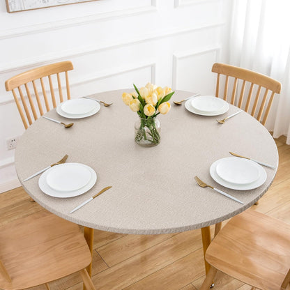 2-Pack Faux Linen Round Table Covers with Flannel Backing, Waterproof Vinyl Fitted Elastic Tablecloths for Picnics, Parties, and Indoor Dining (Fits 45"-56" Round Tables)