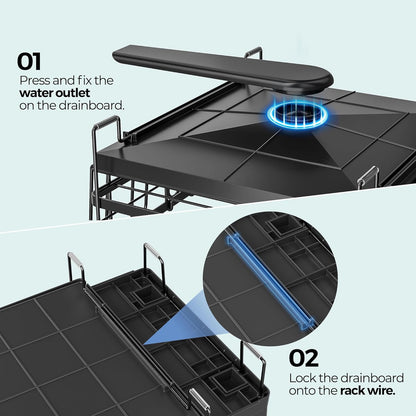 2 Tier Large Dish Drying Rack - Extendable Dish Rack for Kitchen Counter, Multifunctional Dish Drainer with Drainboard Set, Dishrack with Utensil Holder & Cup Holder, 13.4"-28.7" L X 11.8" W