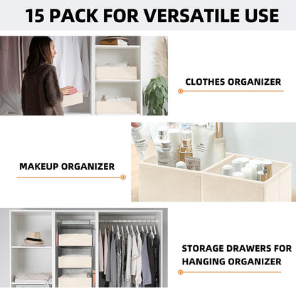 Closet Drawer Organizer Clothes, 15 Pack Dresser Organizer for Baby Clothes, Fabric Drawer Dividers for Nursery Bedroom (Beige)