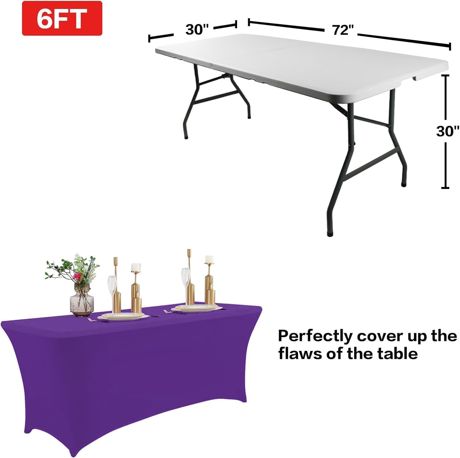 2 Pack 6FT Table Cloth for Rectangular Fitted Events Stretch Purple Table Covers Washable Spandex Tablecloth Protector for Party, Wedding, Cocktail, Banquet, Festival