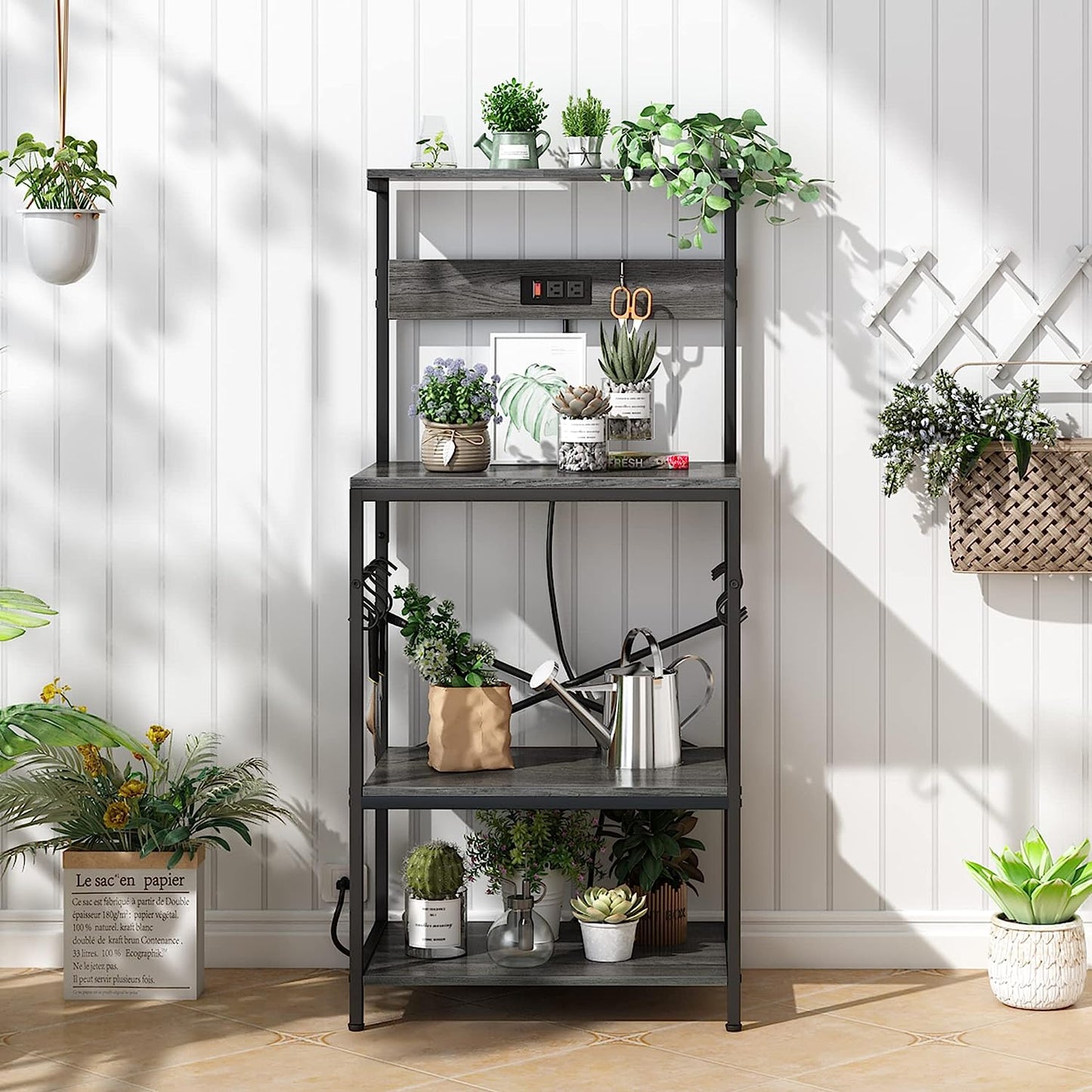 Professional Kitchen Bakers Rack with Power Outlet, 4-Tier Coffee Bar Table, Microwave Stand with 6 S-Shaped Hooks, Storage Shelf for Spices, Pots, and Pans - Charcoal Gray