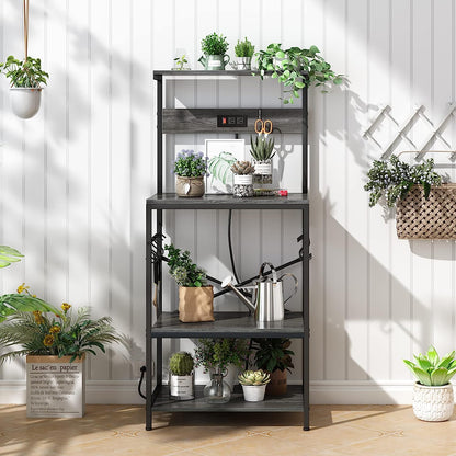 Professional Kitchen Bakers Rack with Power Outlet, 4-Tier Coffee Bar Table, Microwave Stand with 6 S-Shaped Hooks, Storage Shelf for Spices, Pots, and Pans - Charcoal Gray