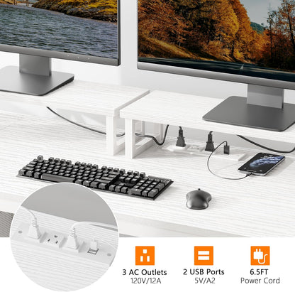 47" Computer Desk with File Cabinet and Power Outlets, Home Office Desk with 2 Monitor Stands and Storage Drawer, Writing Gaming Table with Shelves and 2 Hooks for Bedroom, White