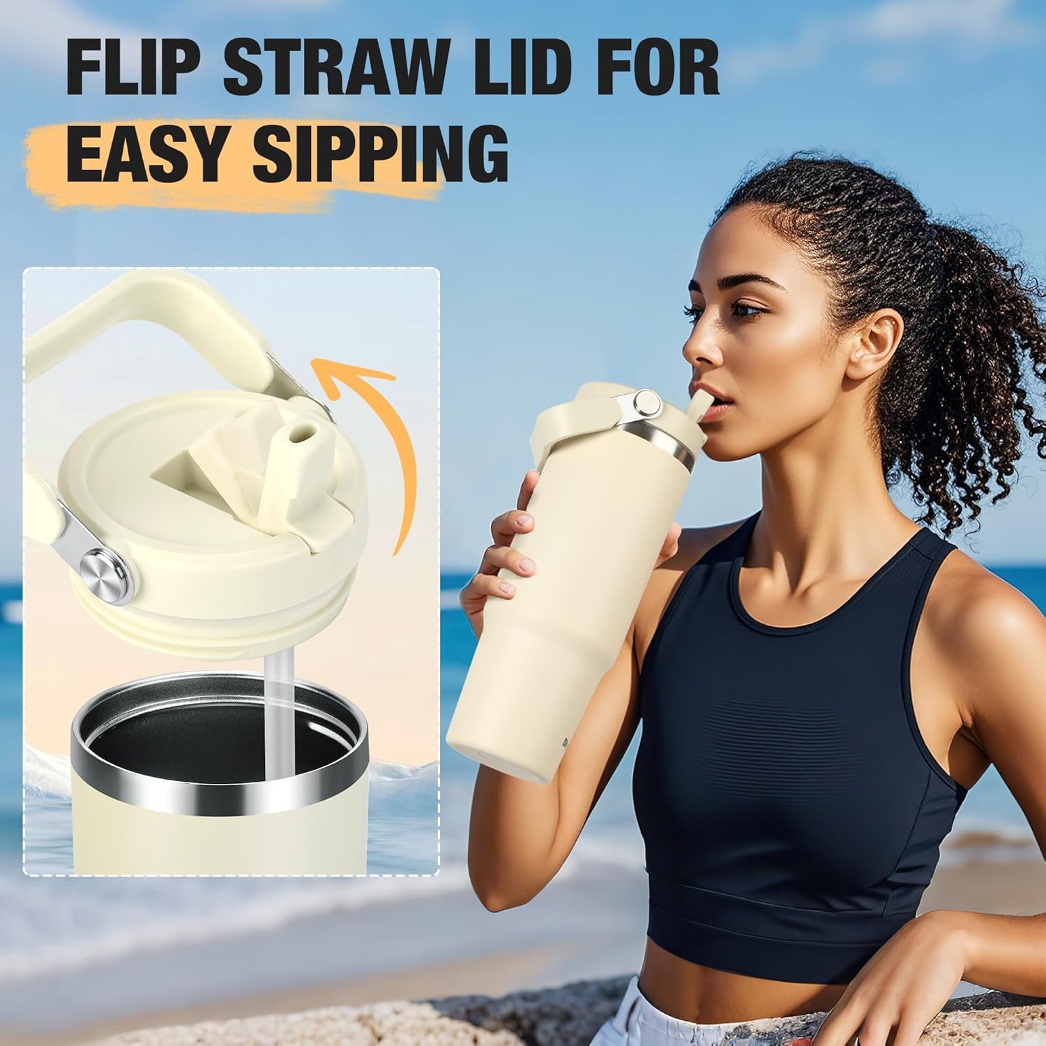 30 Oz Tumbler with Handle and Straw | Vacuum Insulated Water Bottles with Flip Straw and Top Handle | Stainless Steel Travel Mug Reusable Insulated Cup for Home, Outdoors | Cold for 30 Hours | Black