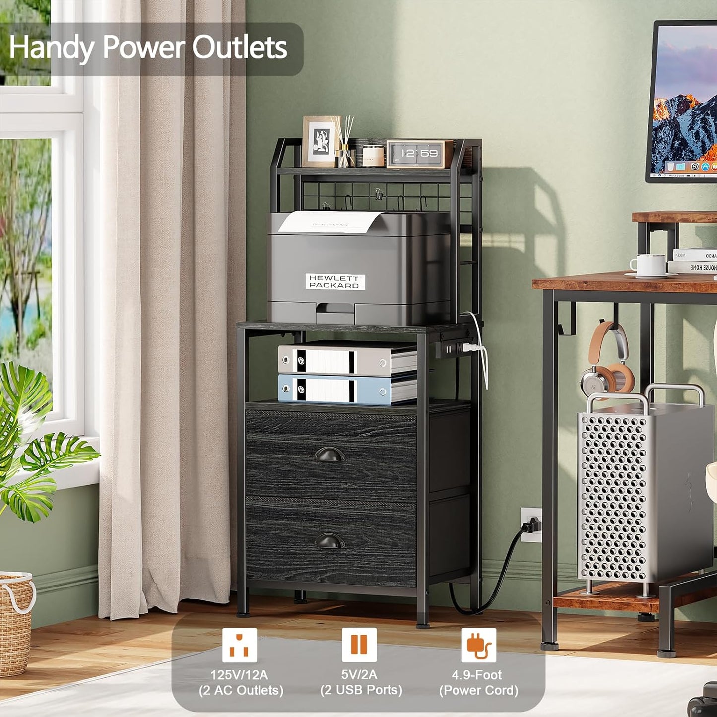 40'' Tall Nightstand with Charging Station, Bedside Table with LED Lights, End Table with 2 Drawers and Storage Shelves, Night Stand with Pegboard for Bedroom, Black Oak