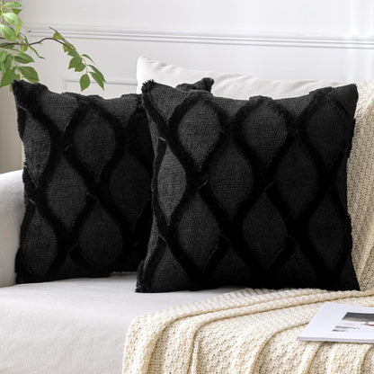 Decorative Throw Pillow Covers Black 18X18 Inch Set of 2, Soft Plush Faux Wool Couch Cushion Covers Farmhouse Throw Pillows for Couch Bed Sofa Living Room