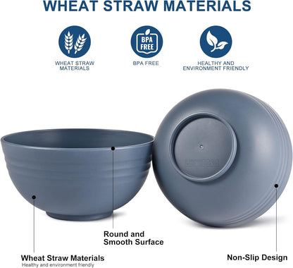 BPA Free Unbreakable Wheat Straw Cereal Bowls - Microwave & Dishwasher Safe Soup and Salad Bowls, Set of 8, 26Oz, Classic Blue