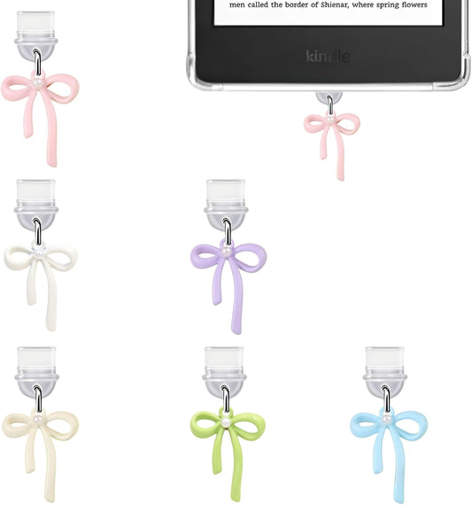 6Pcs Charms for Kindle, Bow Dust Plug Charm Compatible with Kindle with Type C Charging Port, Coquette Gift for Book Lover Readers Men Women Teachers Students, Accessories for Kindle