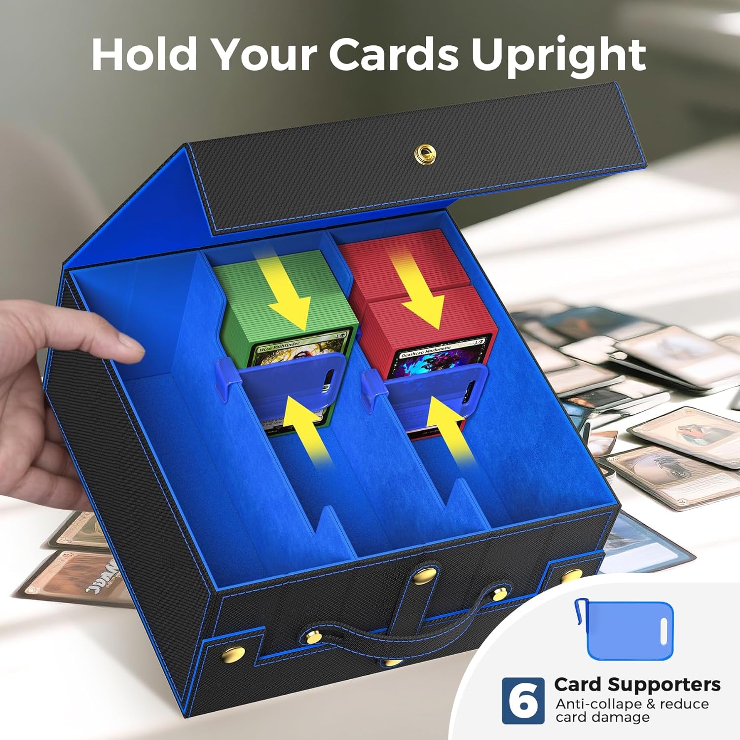 Card Deck Box for MTG with Small Case, 1800+ Commander Trading Card Storage Box with Portable Handle, Magnetic Deck Case Fits for Top Loader TCG, PTCG, Sports, Magic Cards, Black Blue