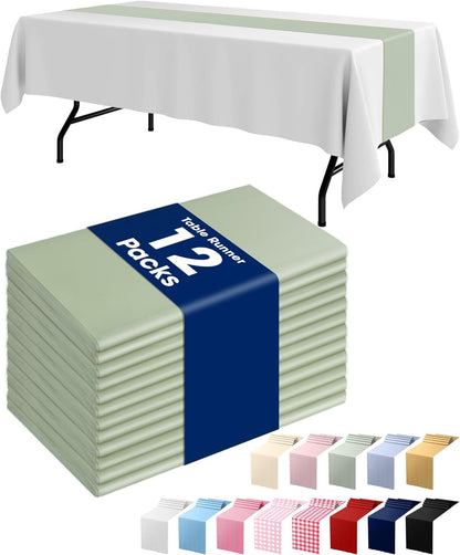Sage Green Plastic Table Runners - 12 Pack, 14'' X 108'', Water Resistant & Disposable Centerpiece Decorations for Table Cloth, Wedding, Birthday, Holiday, Baby Shower, Party, Home Decor