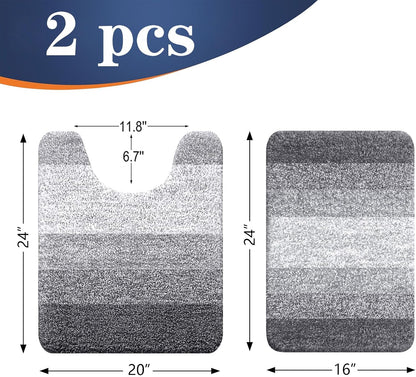 Bathroom Rug Set 2 Piece, Soft Absorbent Microfiber Bath Mats and U-Shaped Contour Toilet Rug, Non-Slip, Machine Wash Dry, Plush Shaggy Bath Mats for Bathroom (24"X16"+24"X20", Grey)